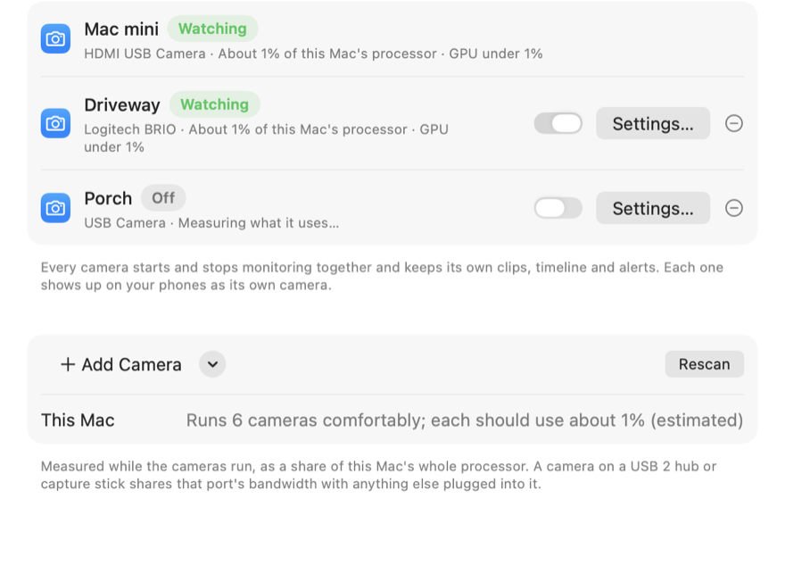 OdinCam settings on the Mac: three cameras on this Mac, two watching, with how much of the Mac each one uses, and a note that this Mac runs six cameras comfortably.