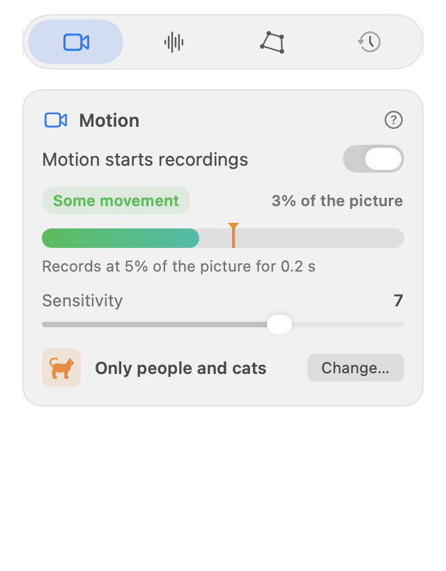 OdinCam on the Mac: Stop Monitoring, a weeknight schedule from 10 PM to 6 AM, and the motion meter showing some movement.