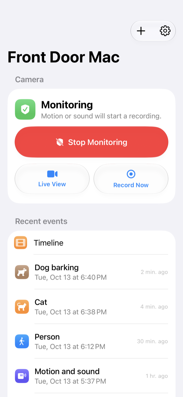 OdinCam on iPhone: the Front Door Mac camera is monitoring, with buttons for Live View and Record Now, and recent events: dog barking, cat, person, motion and sound.